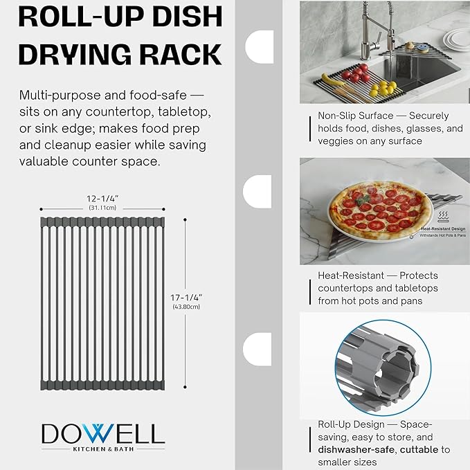 Dowell Over The Sink Roll Up Dish Drying Rack, 304 Stainless Steel, 20 Tubes, Dishwasher Safe, Food Safe, Heat Resistant, Foldable, Space-Saving, Sturdy, Multi-Purpose Sink Organizer