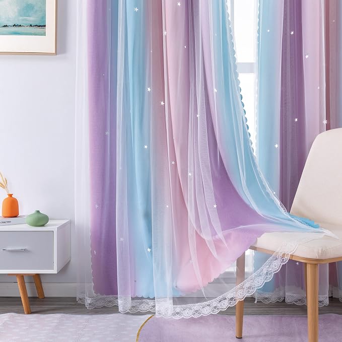 XiDi Curtains for Bedroom Decor, Rainbow Pink Purple/62/96
