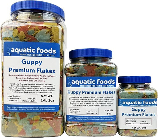 Aquatic Foods Inc. Premium Guppy and Endler Flake Food Also for Tetras, Zebras, All Nano and Micro Fish Also Pellet Mix, Wafer Mix Included…1-lb 2oz