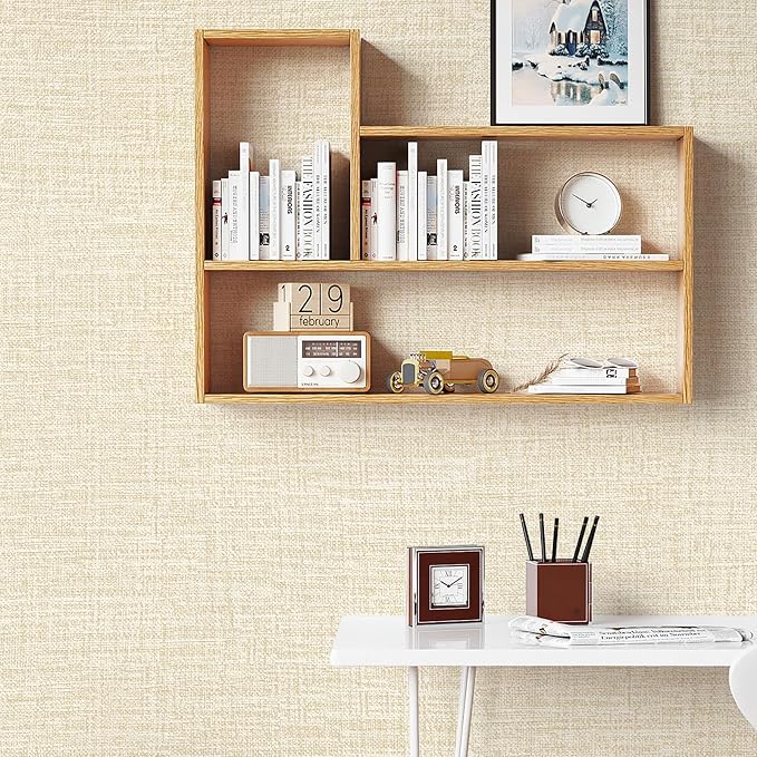 Beige Grasscloth Peel and Stick Wallpaper 17.3"x120" Faux Linen Textured