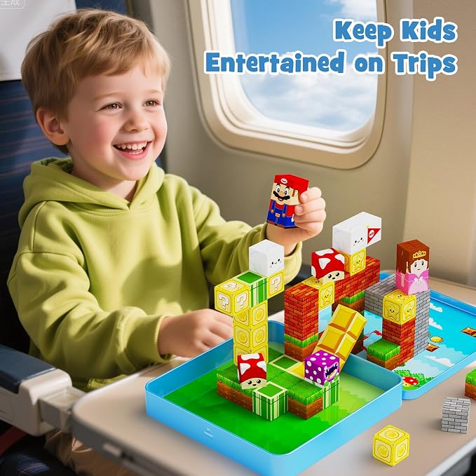 Travel Magnetic Blocks Kids Toys: 49 PCS Mini Magnets Cubes with Iron Box | Compact Play Base for Car Activities & Road Trips Games - Airplane Essentials STEM Learning Toys for Toddlers Kids Ages 3-8