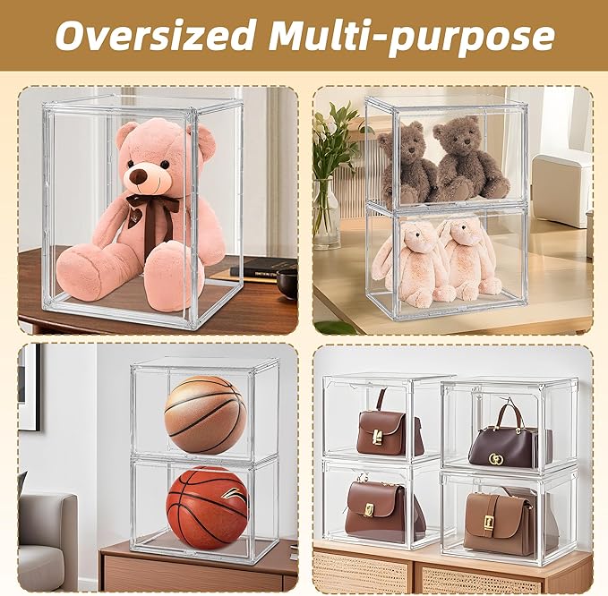 CELSOL Extra Large Storage Bins with Magnetic Door - 17.7x13x13in Clear Plastic Stackable Organizer, Waterproof Dustproof Display Case for Toys, Helmets, Shoes, Hats, Books & Collectibles