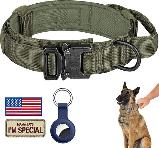 DAGANXI Tactical Dog Collar, Adjustable Military Training Nylon Dog Collar with Control Handle and Heavy Metal Buckle for Medium and Large Dogs, with Patches and Airtags Case (L, Green)