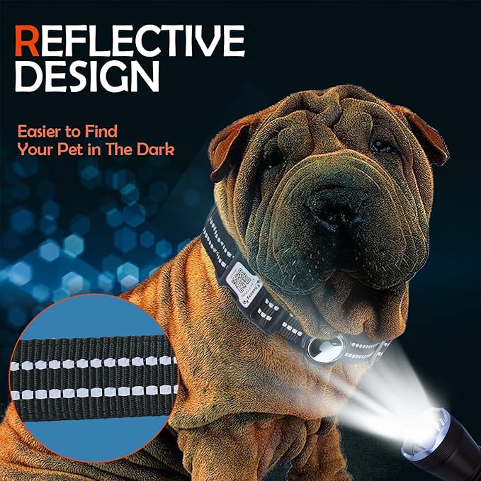 Reflective Dog Collar with Apple AirTag Holder & QR Code Pet ID Tag,Soft Nylon Adjustable Dog Tracker Collar with Safety Lock for Small Dogs(Black, S)