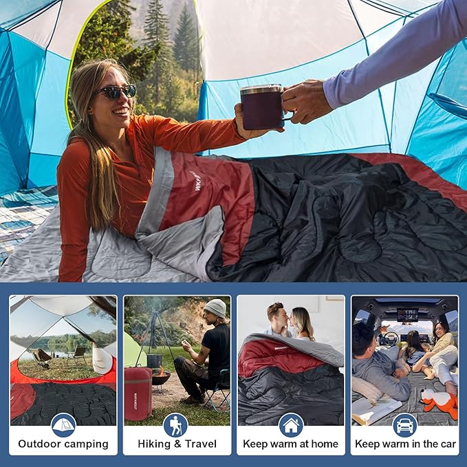 Cotton Flannel Double Sleeping Bag for Adults Machine Washable 2 Person Camping Sleeping Bag Queen Size Waterproof with Compression Sack for Cold Weather 3-4 Seasons
