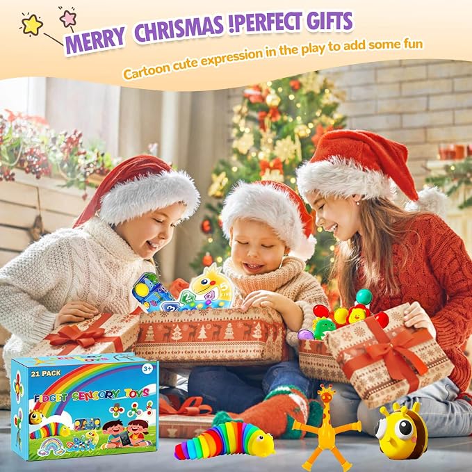 21 Pack Fidget Sensory Toys Set, Stress Relief Toys for Kids Ages 3-12 | Squishy fidget toys for stress relief, travel play, goodie bag stuffers, classroom prizes, party favors, ages 3-12