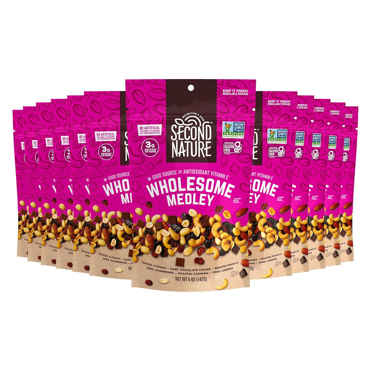 Second Nature Wholesome Medley Trail Mix - 12 Count, 2.25 oz Individual Snack Packs, Certified Gluten-Free – Dark Chocolate, Dried Fruit and Nut Trail Mix, Ideal for Travel Snacks