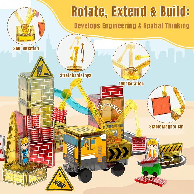 Magnetic Tiles for Kids Ages 4-8 Construction Toys with Crane Marble Run | 2 in 1 Truck Firetruck, Road, STEM Magnetic Blocks, Building Toys, Boys Birthday Gifts, Montessori, Open-ended Play