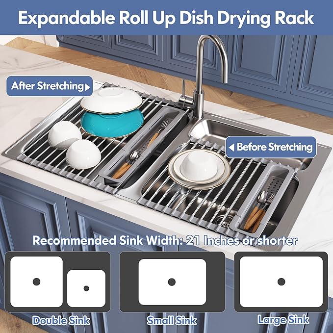 JASIWAY Over The Sink Dish Drying Rack for Kitchen, Expandable (12.8"-23.8" D x 15.5" W) Roll Up Dish Drainer with The Function of Fordable, Rust Proof, Large Sink Cover with Removable Utensil Holder