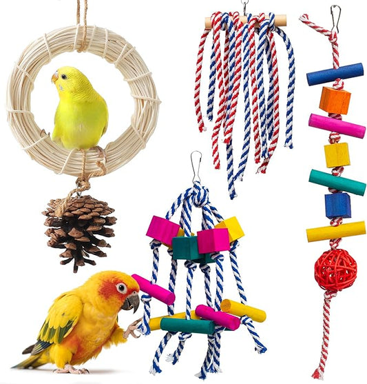 4-in-1 Bird Chew Toys - Colorful Ropes & Wood Blocks for Foraging Fun - Small Parrot Cage Toys for Conures, Lovebirds (30-Day Play Guarantee)