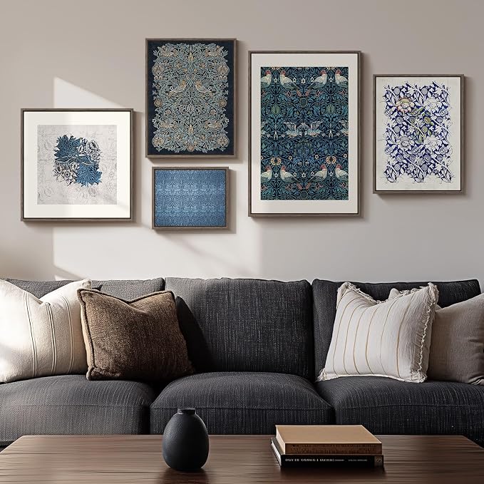 Framed William Morris Wall Art for Living Room, 5 Piece Large Vintage Blue