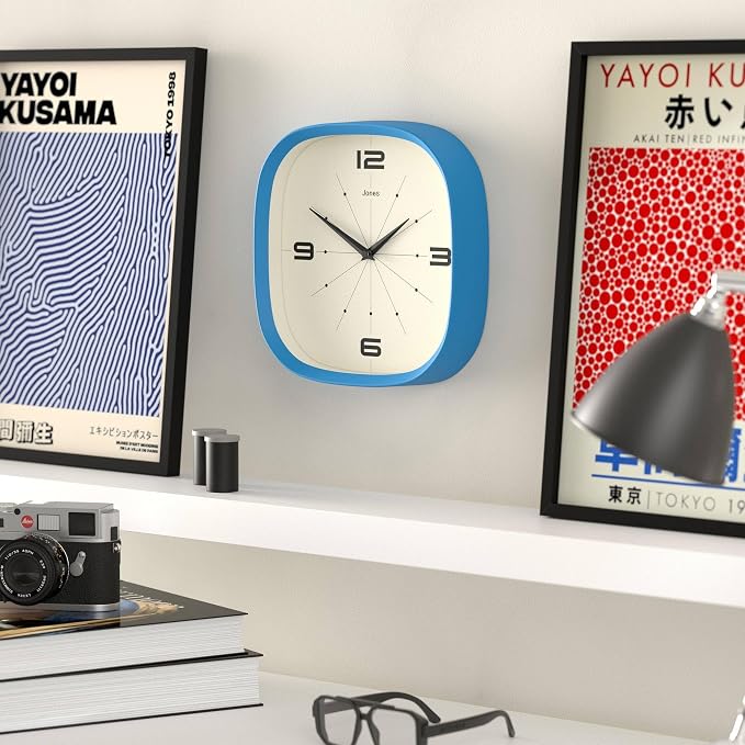 JONES CLOCKS® Pulsar wall Clock | Square Rounded Retro Clock | 10 inch | Blue |
