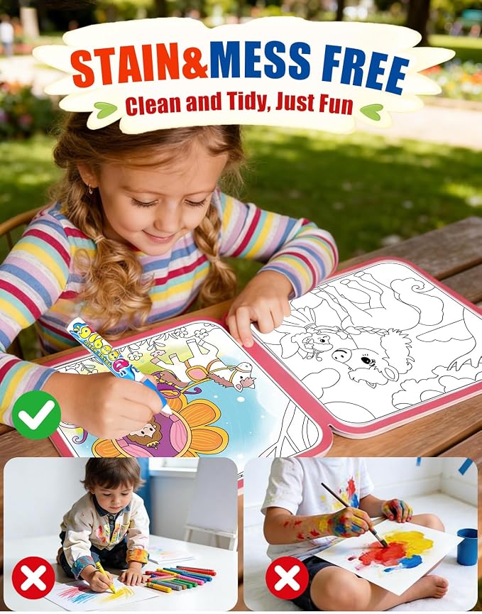 KONLE Reusable Water Painting Books, 10 Pages Dinosaur Coloring Books | Mess Free Coloring Book for Toddlers 1-3, Travel Gift for Boys & Girls, Educational Art Activity, Montessori Art