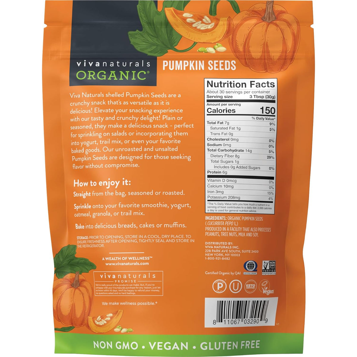 Viva Naturals Organic Pumpkin Seeds, 2 lb (32 oz, 907 g) – Shelled, Unroasted, Unsalted, Non-GMO, Vegan, Good Source of Iron & Dietary Fiber, Perfect for Salads