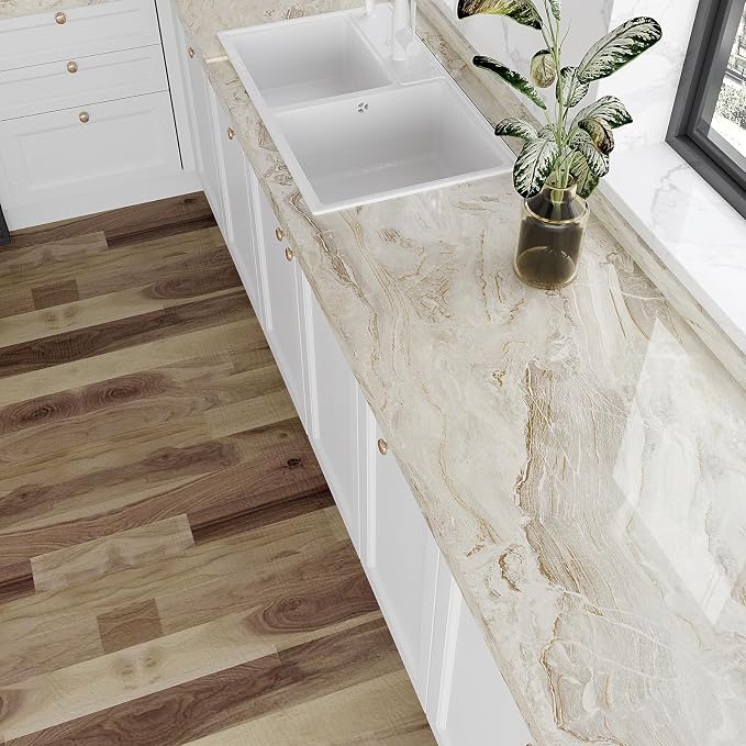 VEELIKE Glossy Beige Gold Liquid Marble Contact Paper