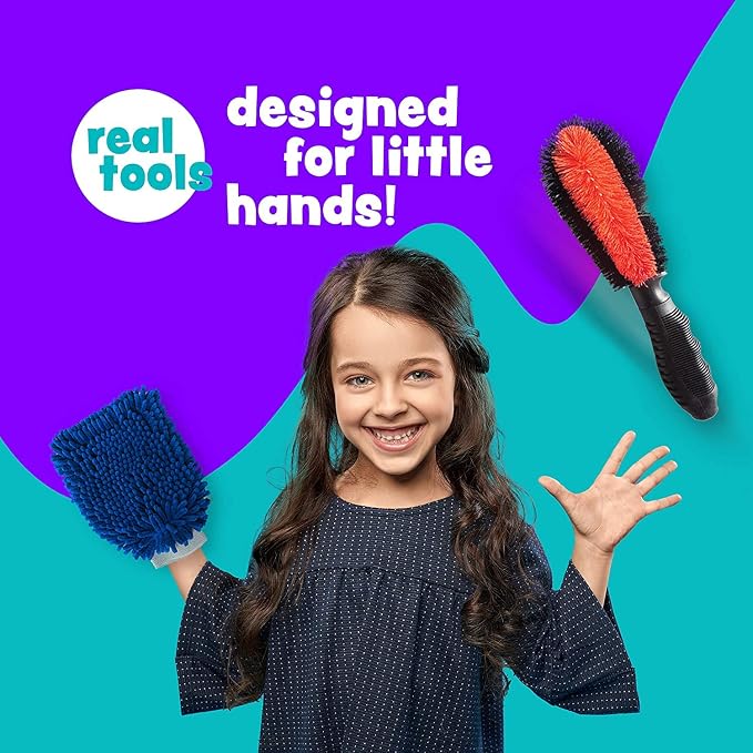 Kids Car Wash Activity Kit – 7 Kid-Sized Carwash Accessories Gifts for Boys & Girls Ages 5 6 7 8-10 - Outdoor Fun Toys – Set Includes Bucket, Squeegee, Microfiber Mitt, Wheel Brush, 3 Cleaning Cloths