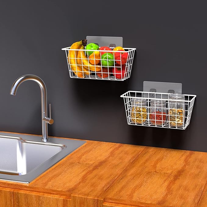 MaraFansie Wall Wire Baskets Bin No Drilling Adhesive Hanging Baskets Wall Mounted for Cabinet & Pantry Organization and Kitchen, Bathroom, Bedroom Storage, 2 Pack, White