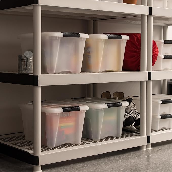 IRIS USA 19 Qt Stackable Plastic Storage Bins with Lids, 6 Pack - BPA-Free, Made in USA - Discreet Organizing Solution, Latches, Durable Nestable Containers, Secure Pull Handle - Pearl