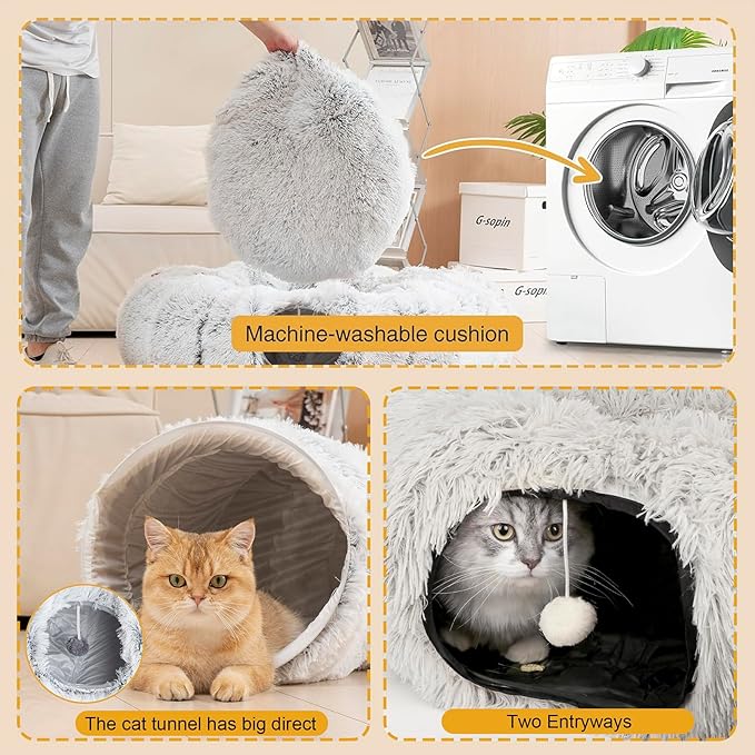 CLKHOWL Cat Tunnel Bed for Indoor Cats - Cute Cat Donut Tunnel with Washable Circle Cushion, Round Pet Play Toy for Kitten/Puppy/Rabbit, Grey