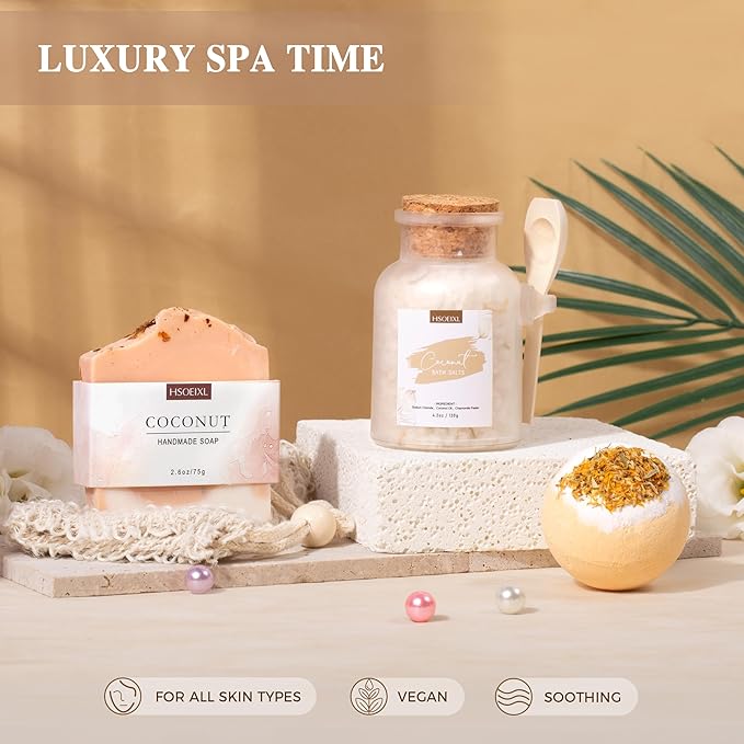 Gifts for Women Bath and Body Gift Basket Set for Women, 12 Piece Set of Coconut Home Spa Set for Self Care, Mothers Day Relaxing Bath Sets Birthday Christmas Gifts for Mom Sister Her Wife