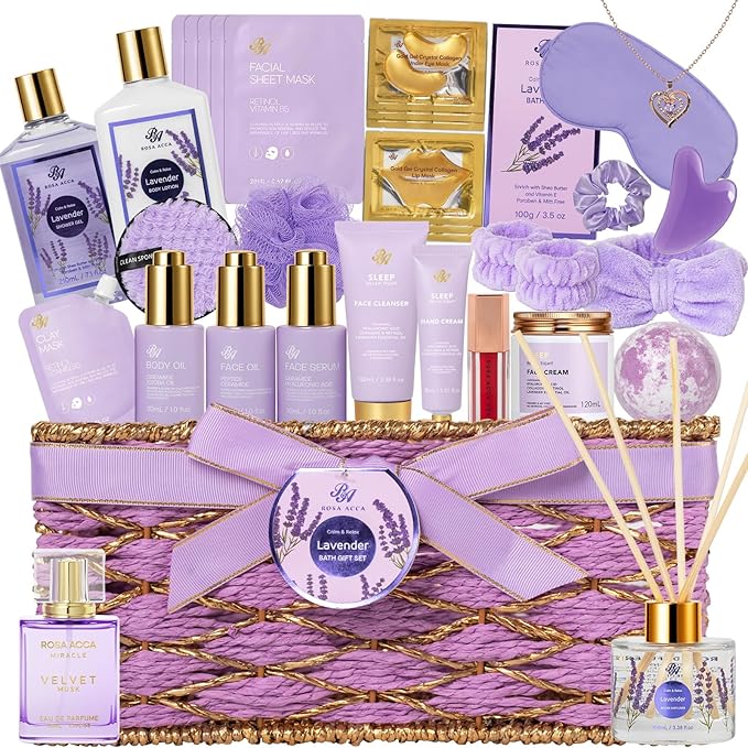 35 Pcs Christmas Gifts for Women, Lavender Bath and Body Gift Basket, Facial Skin Care Set, Spa Kit, Self-Care Set, Face Sheet Mask, Necklace, Birthday Present, Valentines, Mother Day, Bridal Shower