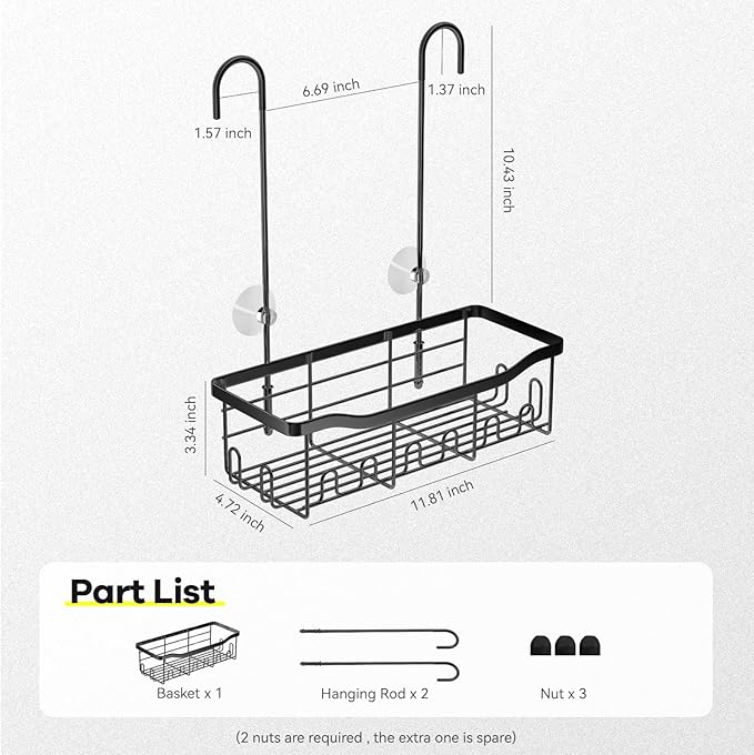 BYT Shower Caddy Hanging, Organizer Hanging for Bathroom, Shower Basket with Hooks, Shower Storage, Shelf, Rack No Drilling for Faucet or Cross Bar (Black)
