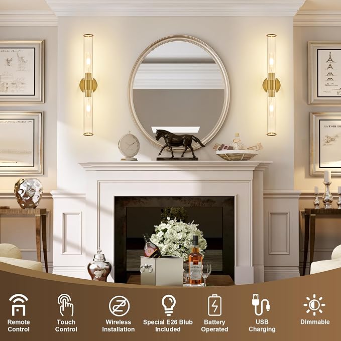 Morauroral Gold Battery Operated Wall Sconces Set of 2, Rechargeable Wall Lights