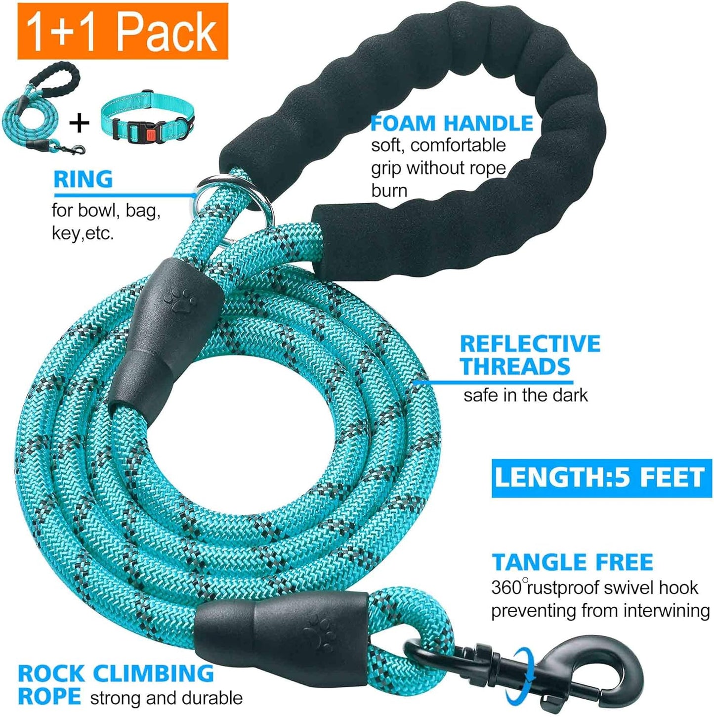 Heavy Duty Dog Leash - Comfortable Padded Handle, 5 ft Long - Dog Leashes for Small Medium Large Dogs (Leash+Collar L Neck 20"-25", Blue)