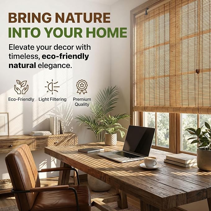 Glimer Bamboo Blinds for Interior Windows, Natural Roll Up Bamboo Shades for