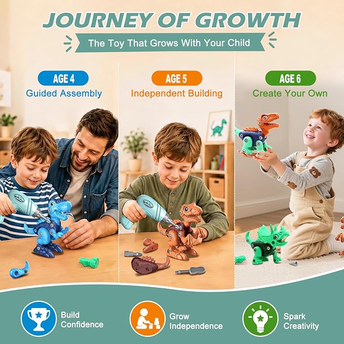 Take-Apart Dinosaur Toys for Boy 4-6: 85 Piece 3 Pack Dino & Electric Drill | Easy-to-Use Construction Building Set for Little Hands - STEM Educational Toy & Gifts for Kids Birthday Christmas