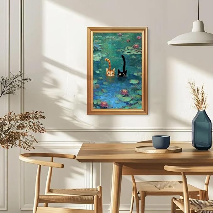 Fantasy Artists Gold Framed Wall Art Prints, Two Swimming Cats in Lotus Pond