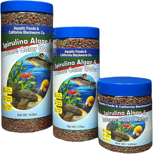 Aquatic Foods Inc. 3.5mm - 1/8" Sinking Wafers of Spirulina, Algae & Color Enhancing Wafers for Bottom Fish, Shrimp, Snails, Tropicals. 4-Type Wafer & 12-Type Pellets Included...1-lb 6oz Canister