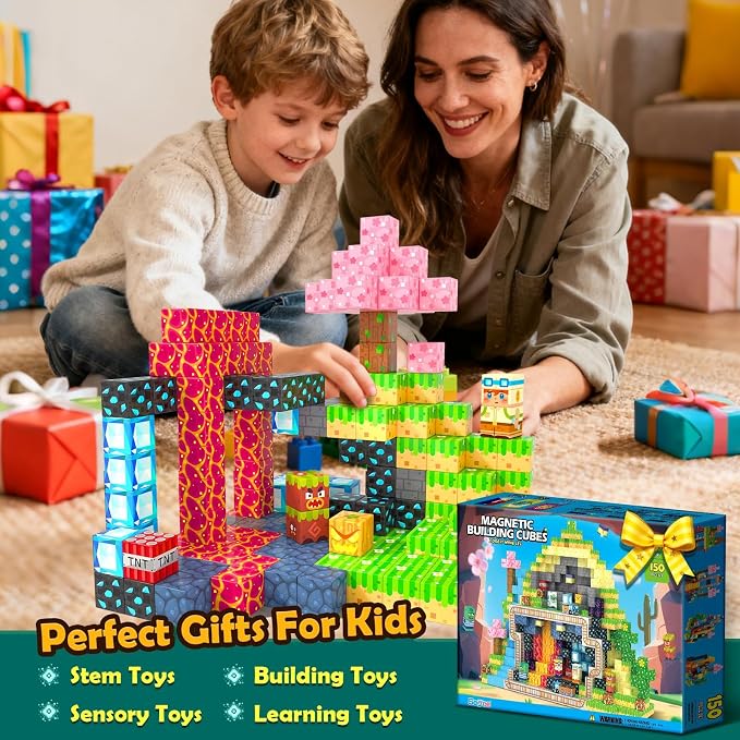 Soyee Magnetic Blocks 150 PCS Building Toys for Ages 4-8 9-12 3-5 Forest & Mine Theme Magnet Building Cubes STEM Sensory Toys for Kids for Boys & Girls