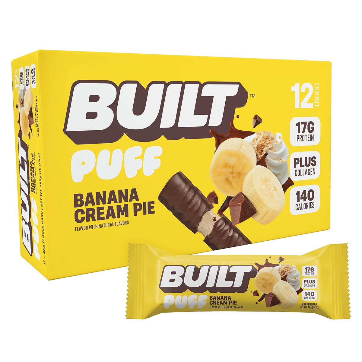 BUILT Bar Sour Puff Protein Bars - Variety Pack - 16g Protein Snack Bars with Collagen - Calorie Conscious & Gluten Free - 12 Count