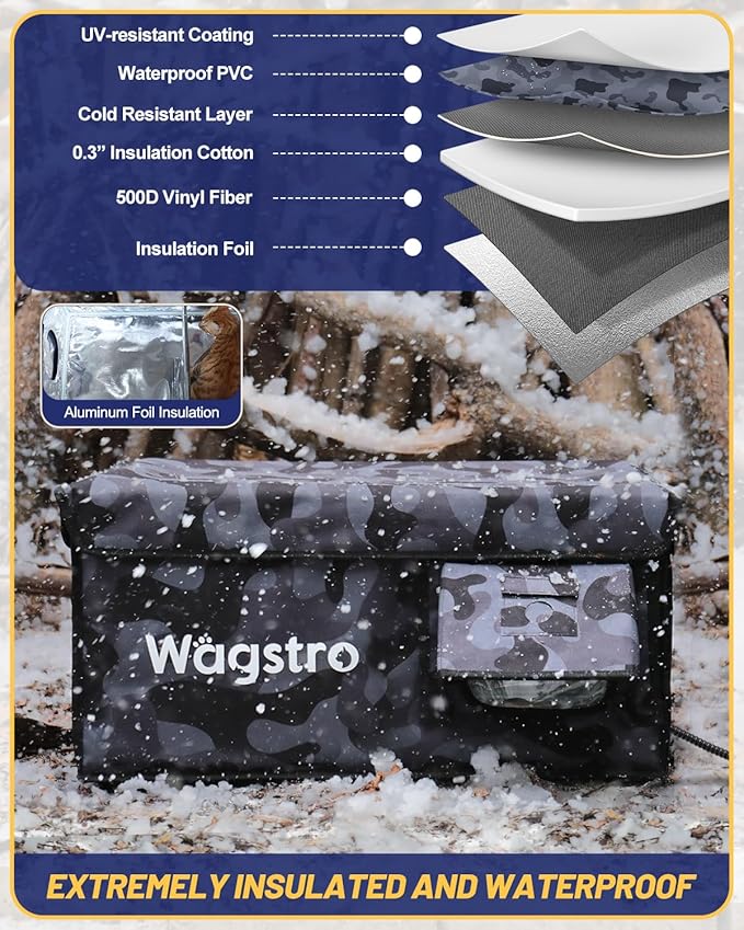 Heated Cat House for Outside, Waterproof Awning & Escape Door Heated Cat Houses for Indoor/Outdoor Cats in Winter, Elevated & Insulated Outdoor Cat Shelter for Feral Cat(Black Camo, 25.2"x16.5"x13")