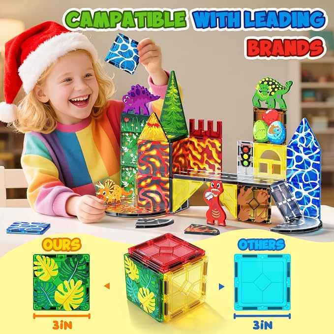 Magnetic Tiles with 4 Dinosaur Toys - Dino Magnet Tiles for Kids, Magnetic Building Blocks for Boys Girls Ages 3+, Sensory Toddler Creative Games Birthdays Gifts