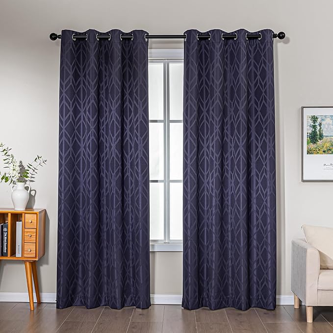 Amazon Basics Jacquard 2-Piece 100% Blackout Curtains, Living Room and Bedroom Drapes, Thermal Insulated Window Treatment, 52"x84", Dark Blue