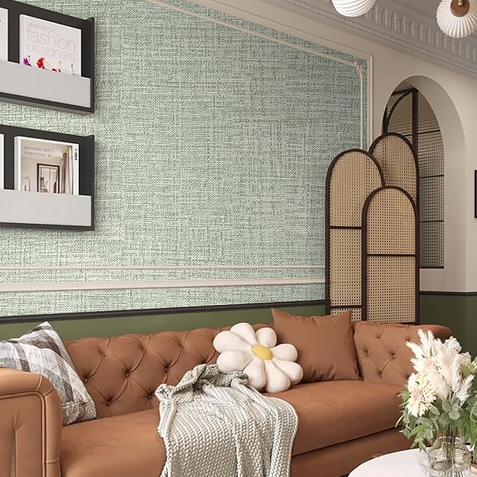 Green Grasscloth Wallpaper 17.3"x160" Faux Linen Textured Contact Paper