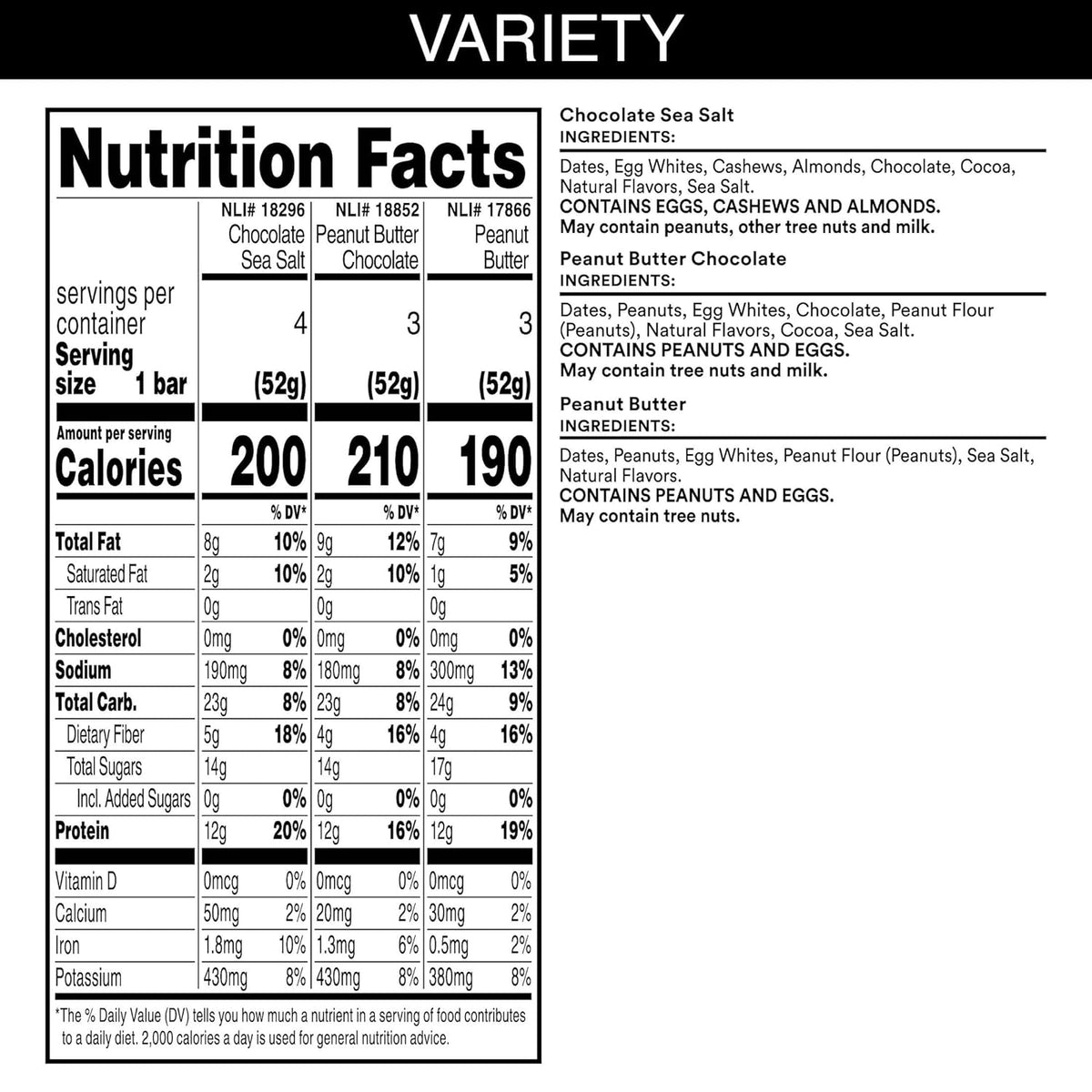 rxbar variety pack, 18.3oz box, 10 count, 12g protein snack bars