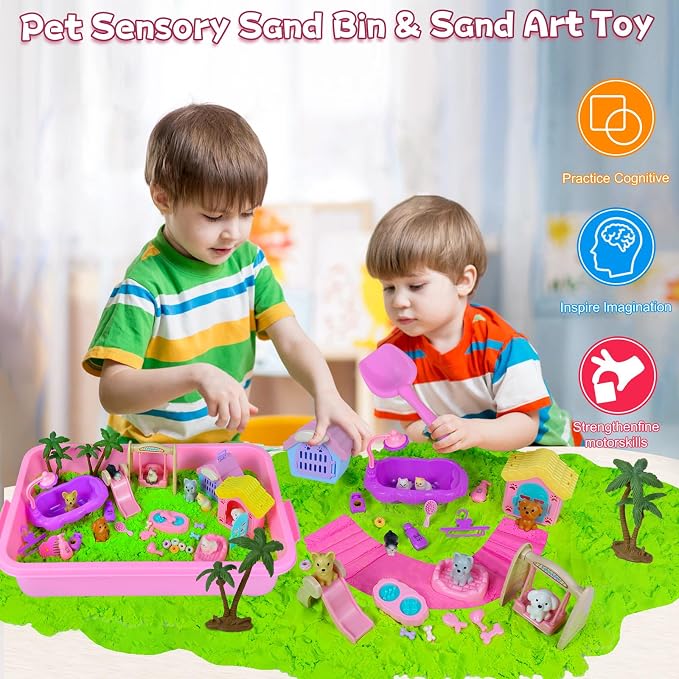 Pet Sensory Bin, Cat & Dog Sensory Play Sand Art Kit Set for Toddlers Kids | Sensory Bin with Sandbox & Tools & Pet Care Set, Indoor Outdoor Pretend Play Beach Toy Gift for Girls Boys 3 4 5 6 7 8