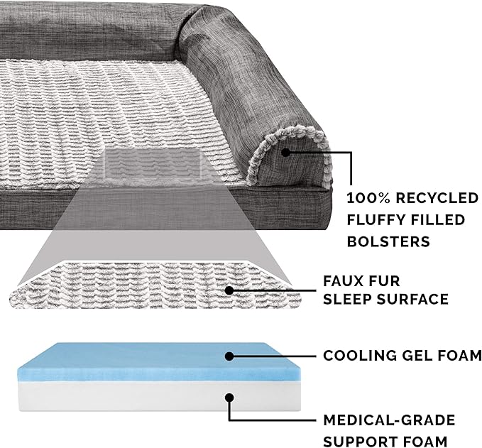 Furhaven Cooling Gel Dog Bed for Large/Medium Dogs w/ Removable Bolsters & Washable Cover, For Dogs Up to 55 lbs - Luxe Faux Fur & Performance Linen Sofa - Charcoal, Large