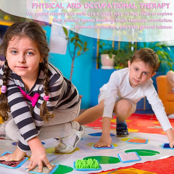 Boao 8 Set Mini Sensory Mats Assorted Textured Play Mats Sensory Floor Tiles Educational Tactile Toys for Activity(4 Inch,Square)
