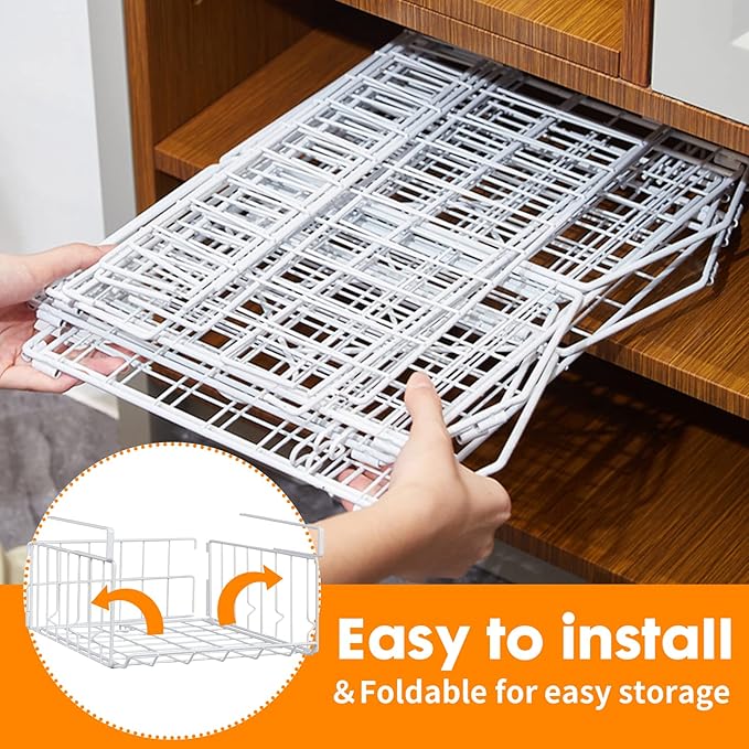 Under Shelf Basket Storage, Steel Under Shelf Hanging Wire Baskets Shelves for Laundry Room Kitchen Desk Pantry Bookshelf (White, 2 Pack)