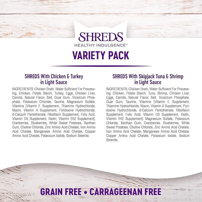 Wellness Healthy Indulgence Shreds Adult Wet Cat Food, Natural, Protein-Rich, Grain Free, 3 Ounce Pouch, 8 Pack, (Shreds Variety Pack)