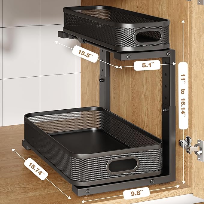 2 Pack 15.7IN-Depth Under Sink Organizer With Smooth Cylindrical Rail,2-Tier Pull Out Multi-Purpose Cabinet Storage for Bathroom&Kitchen,Height Adjustable,Rust-resistant Coating-Black