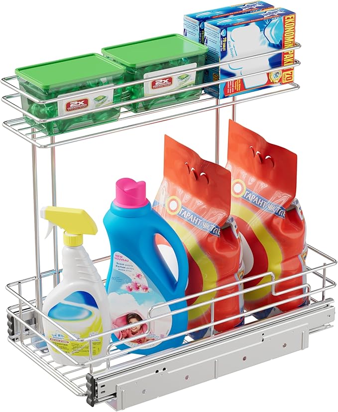 Under Sink Organizer 9" W X17 D, Pull Out Cabinet Organizer 2 Tier, Under Sink Slide Out Chrome Plated, Under Kitchen Bathroom Organizer, Pantry Cabinet Closet Organization Rack, 1 Pack