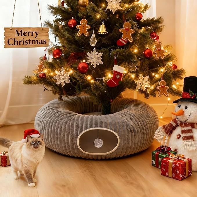 Cat Tunnel Bed for Indoor Cats, Peekaboo Cat Cave Bed,Soft Cat Donut Tunnel for Kitten Large Cats, Cat Tunnel Christmas Tree Skirt, Grey