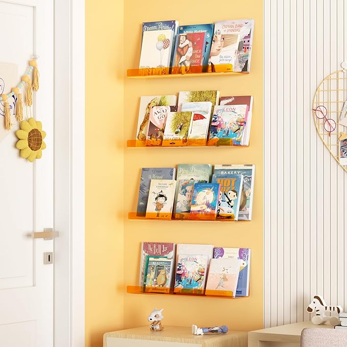 Acrylic Wall Shelves, 15 in, 4 Pack – Clear Orange