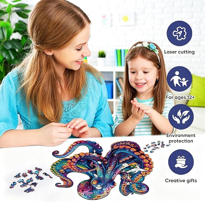 Qiuenisray 500 Piece Puzzles for Adults, Wooden Octopus Jigsaw Puzzles | FSC Certified Cool Puzzles, Unique Shape Ocean Puzzle Piece, Wall Decor, Wood Creative Gift for Family Game 16.9x16.9 in