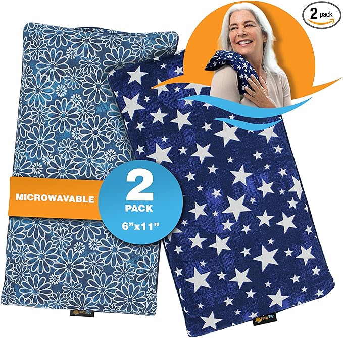 SunnyBay Small Microwave Heating Pad, Microwavable Versatile Cold/Heated Neck and Shoulder Wrap for Back Pain and More, Moist Heat Cotton-Fleece Pad, 6x11 Inches, Blue Star and Royal Flower, Pack of 2